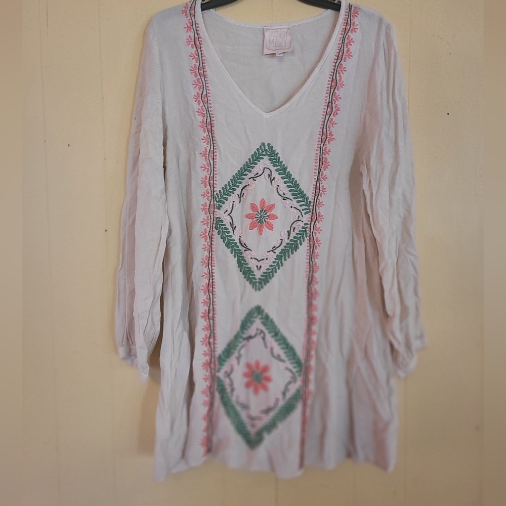 Sincerely Mary, Large cream colored dress with embroidered flowers and leaves.